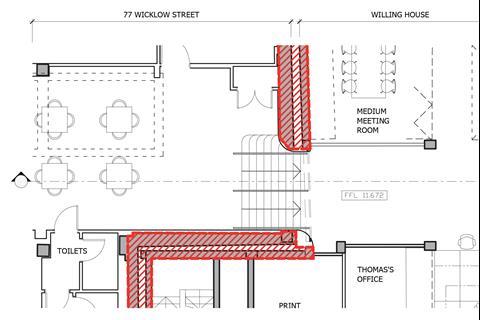 Proposed connection between Heatherwick Studio and the former Squire and Partners offices: plan showing the proposed stairs through the party wall